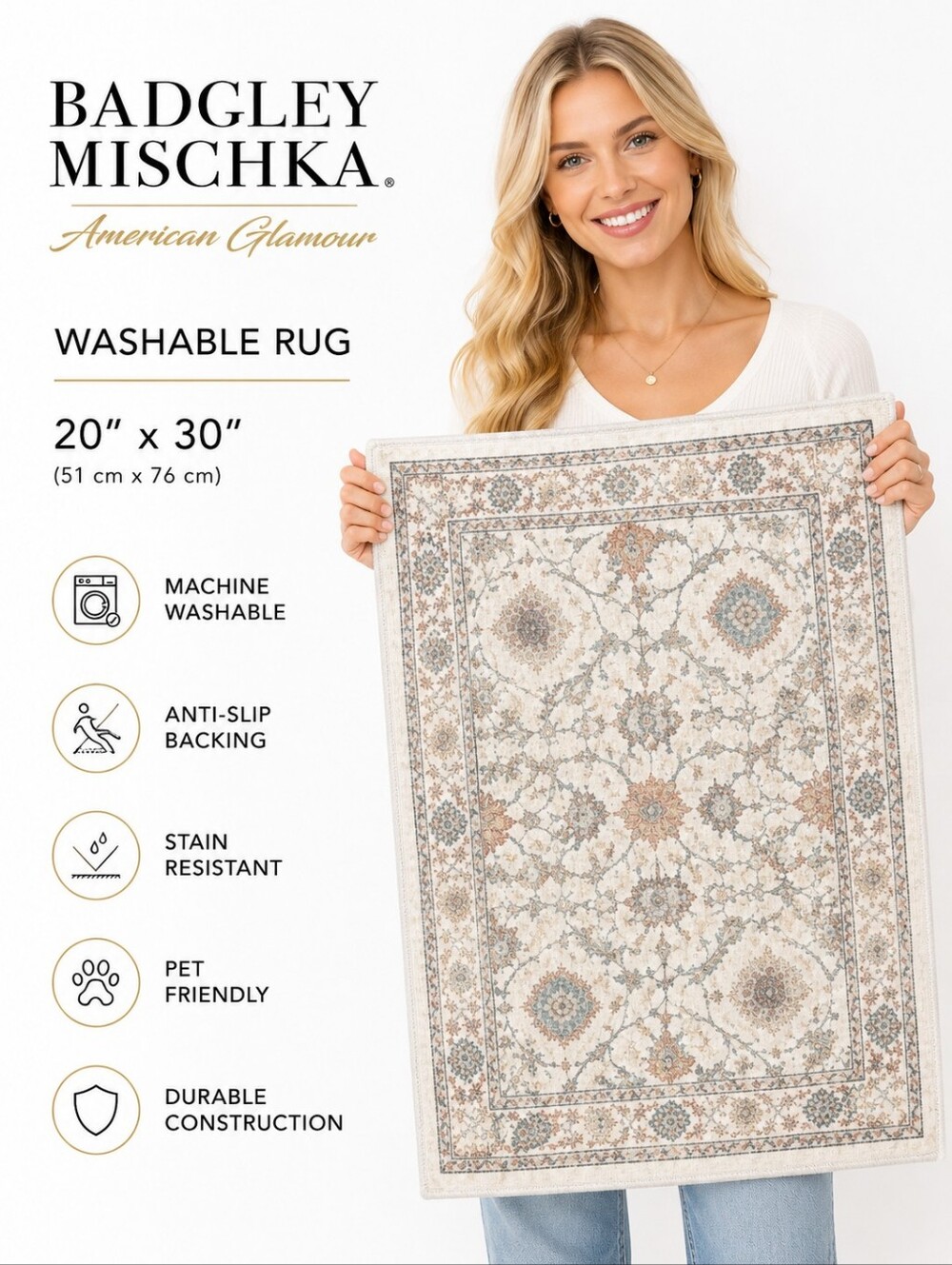 Badgley Mischka Soft Washable Rug 20x30 Blue Vintage Medallion Accent